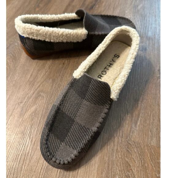 Rothy’s Brown Buffalo Check Merino Wool Mens Slipper Shoe 9 Sherpa Comfort Soft - Picture 1 of 11